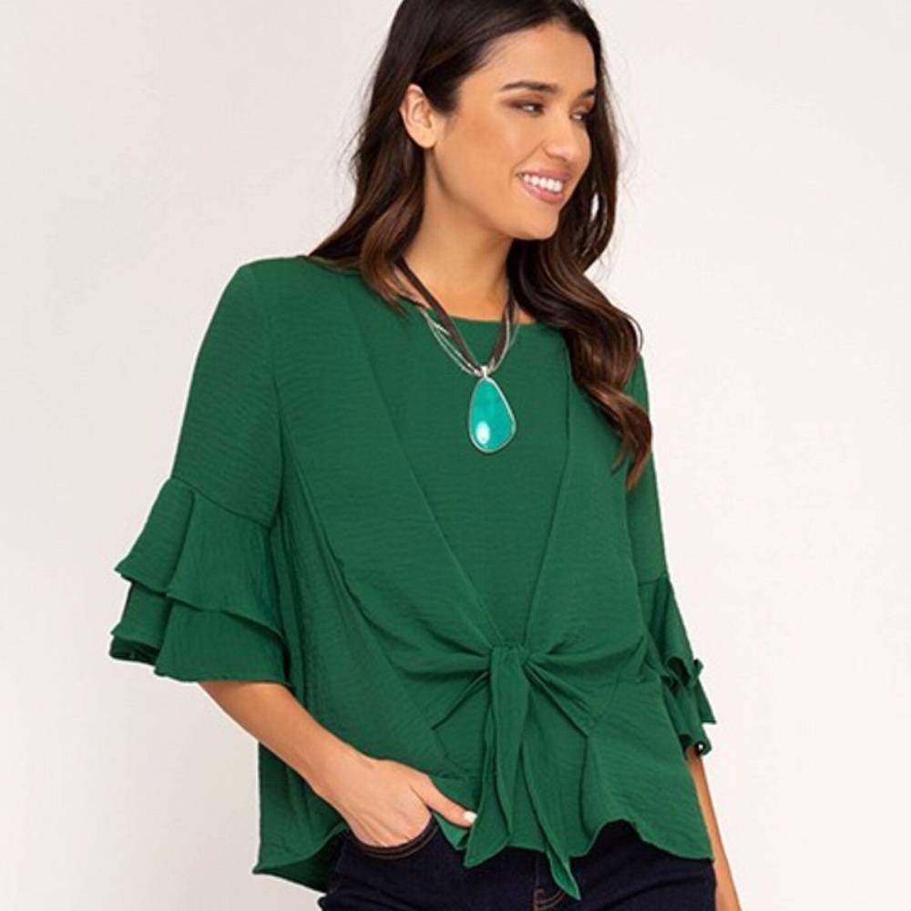 NEW! Hunter Green Ruffle Bell Sleeve Tie Front Top - Picture 4 of 7